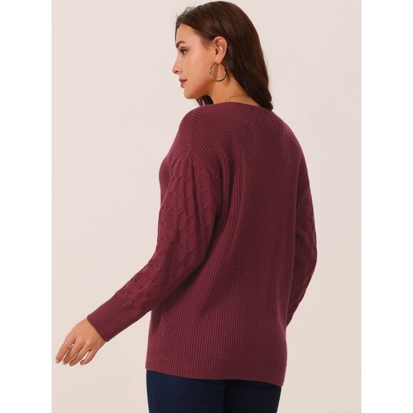 Long Sleeve Lace V Neck Knit Winter Drop Shoulder Pullover Sweater Tops Wine Red - Picture 4 of 5
